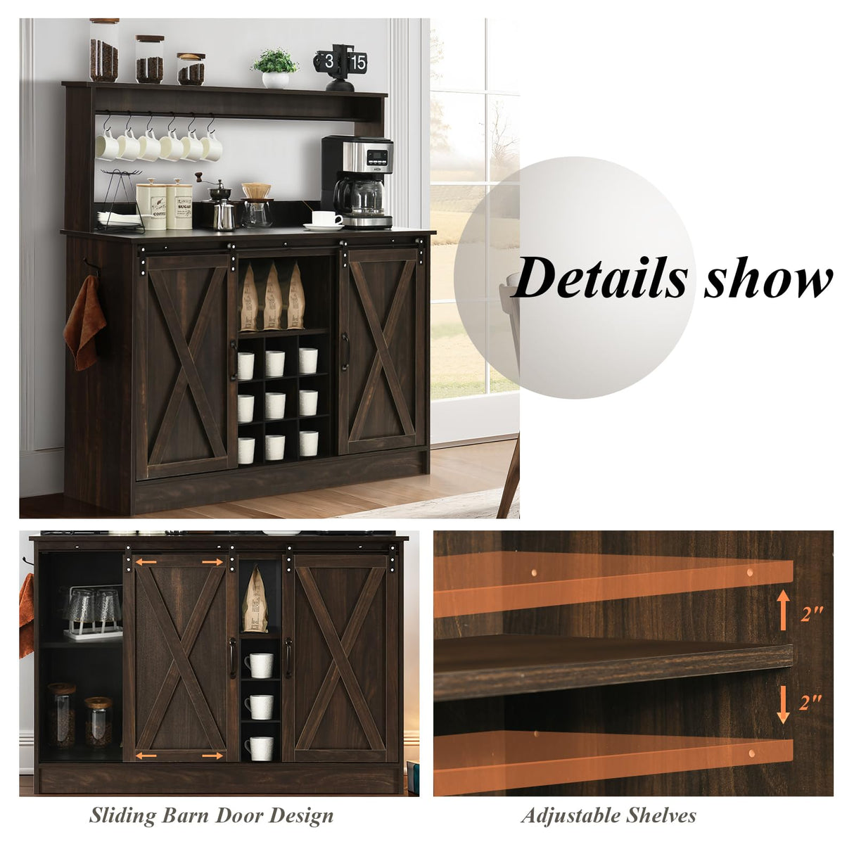 Farmhouse Coffee Bar Cabinet with 6 Hooks, 47 Inch Coffee Bar Hutch with 9 Wine Racks, Coffee Bar Table with Sliding Barn Door, Wine Bar with Adjustable Shelves for Dining Living Room, Dark Oak 4ever2buy