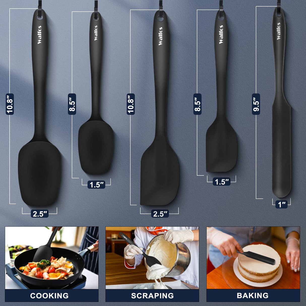 Walfos Silicone Spatula Set of 5 - (600°F) High Heat Resistant Kitchen Scraper Spatulas, One-Pieces Seamless Design, Perfect for Cooking Mixing & Baking - BPA Free and Dishwasher Safe,black Walfos