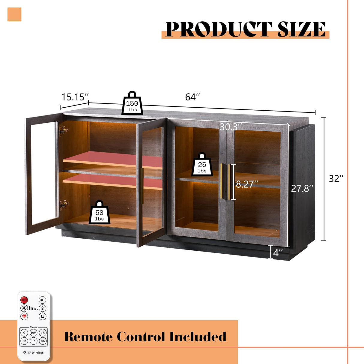 AMERLIFE Sideboard Buffet Cabinet with LED Lights, Mixed Color Accent Cabinet with Glass Doors and Adjustable Shelf, Hallway Storage Cabinet Console Table for Living Room, Dining Room, Black and Gray AMERLIFE