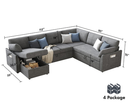 VanAcc Sofa Bed, 112 Inch Sleeper Couch with Storage Chaise, Oversized U Shaped Sofa with Pull Out Sofa Bed, Sectional Couches for Living Room, Grey Linen Sofa Couch