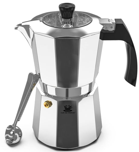 Cafe Du Chateau Espresso Maker (6 cup) Transparent Top Lid, High Gloss Finish, with Coffee Clip Spoon - Coffee Percolator, Camping Coffee Pot Cafe Du Chateau
