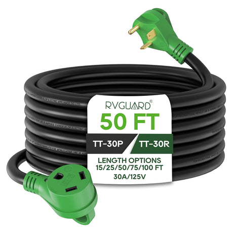RVGUARD 30 Amp 50 Foot RV Extension Cord, Heavy Duty 10/3 Gauge STW Cord with LED Power Indicator and Cord Organizer, TT-30P/R Standard Plug, Green, ETL Listed RVGUARD