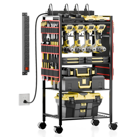 CFMASTER 5-Tier Power Tool Organizer Cart with Charging Station - 8 AC Outlets, 300 lbs Heavy Duty Utility Rack, Rolling Drill Holder & Tool Storage Cart on Wheels for Garage, Workshop, Gift for Men CFMASTER