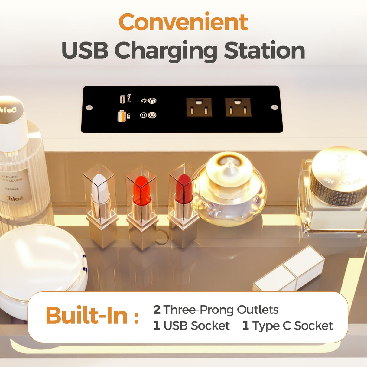 ChicFurnit Makeup Vanity,3-in-1 Vanity Desk with Flip-Top Mirror,Hidden Stool & Visible Glass Desktop,Convertible Vanity Set with USB Charging Station,Open Shelf & 3-Color Lighting,White&Brown ChicFurnit