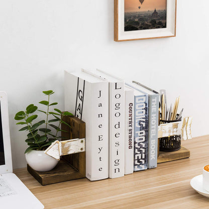 MyGift Rustic Book End, Whitewashed Arrow Design and Burnt Dark Brown Wood Tabletop Bookend Support Stands, Set of 2