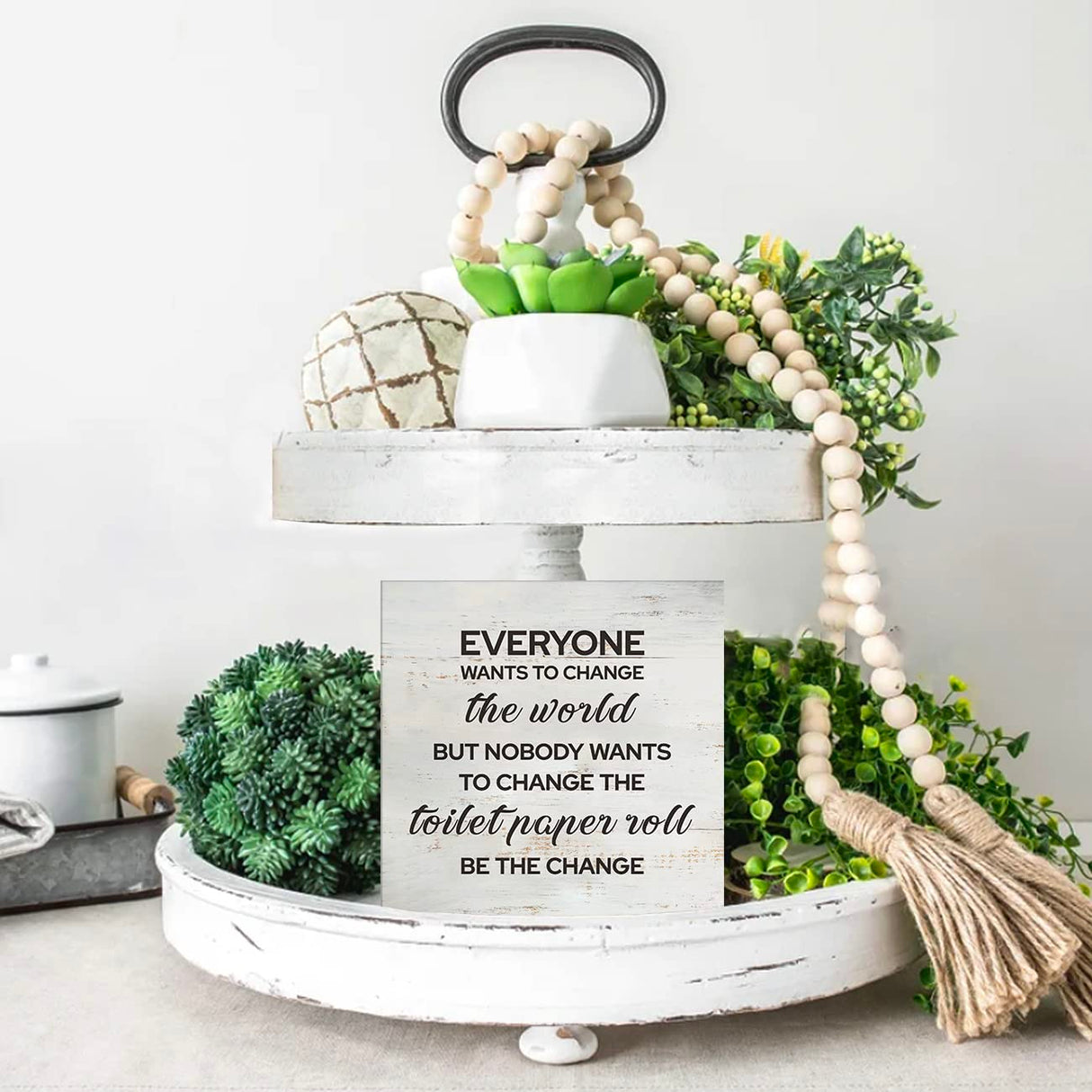 Everyone Wants to Change the World Bathroom Wood Box Sign Rusitc Farmhouse Bathroom Restroom Toilet Desk Shelf Decor (5 X 5 Inch) MAVOTEN