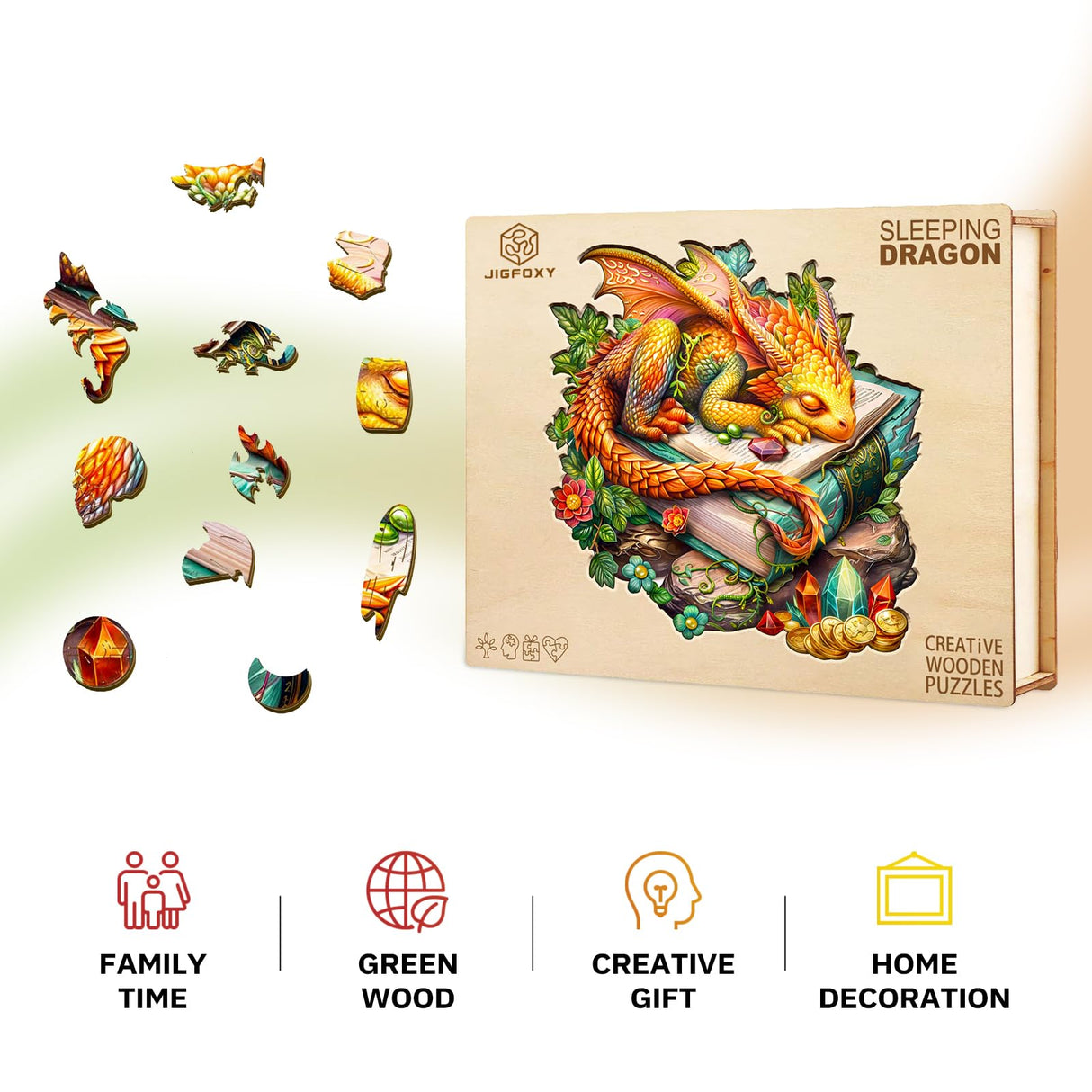 Jigfoxy Wooden Puzzle for Adults, Sleeping Dragon Wooden Jigsaw Puzzles for Adult, Unique Animal Shape Wood Cut Puzzles, Christmas Thanksgiving Gifts for Friends Family (M-11.4 * 10.9in-200pcs) Jigfoxy
