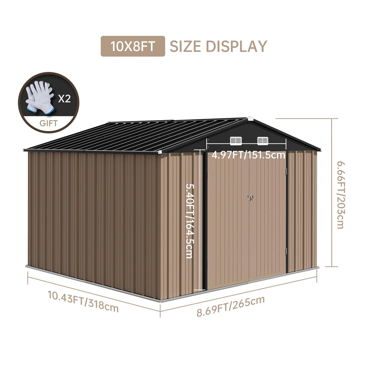 Garvee 10×8FT Outdoor Storage Shed, Metal Waterproof Garden Storage Shed Galvanized Steel Utility Tool Shed with Lockable Doors & Vents, All-Weather Shelter for Bike/Kids Car/Mowers/Tool, etc. Brown Garvee
