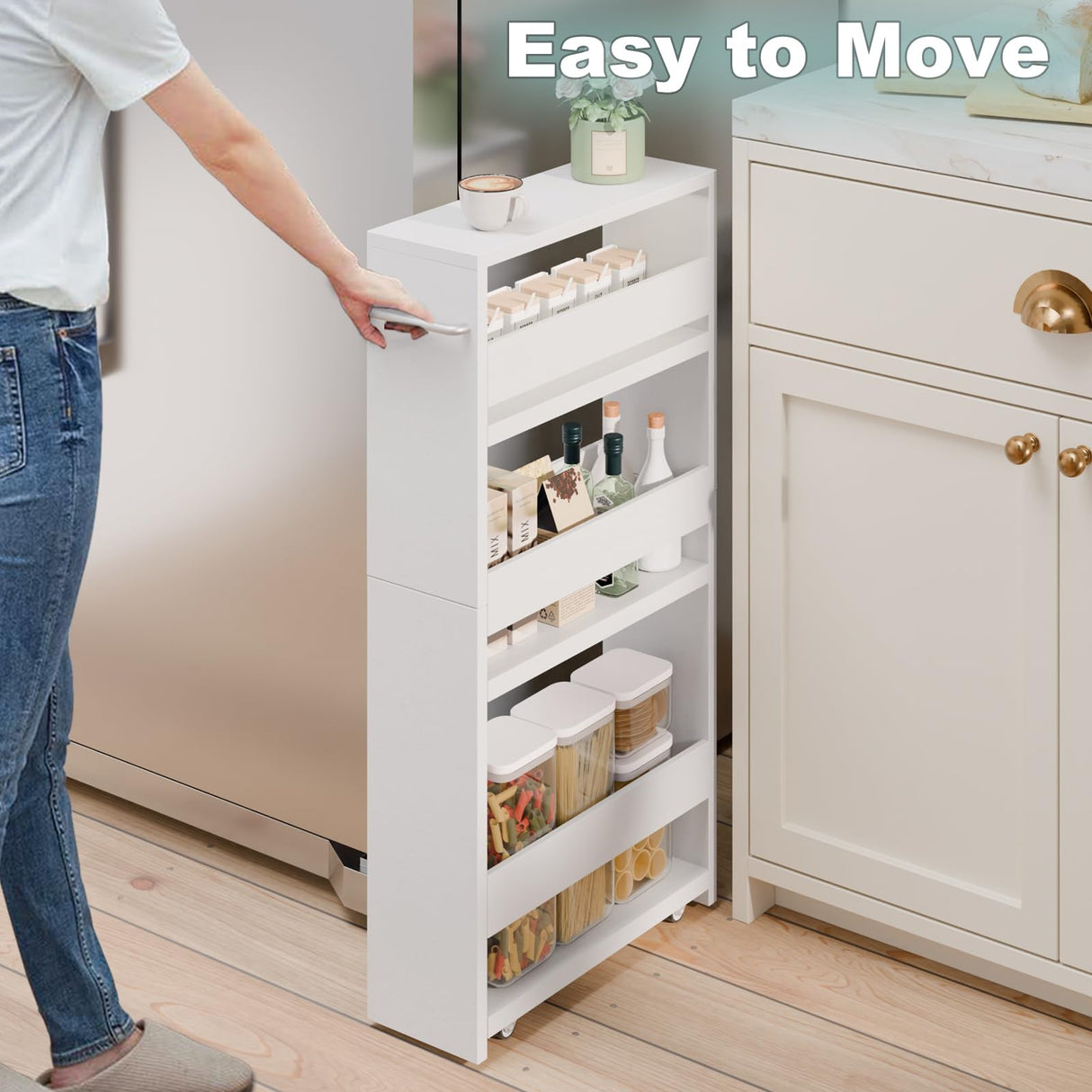 MARTY White Slim Storage Cart with Wheels, 4 Tier Rolling Utility Cart with Handle Slide Out Shelving Unit Organizer Trolley for Laundry Kitchen Bathroom Narrow Places Small Corner MARTY