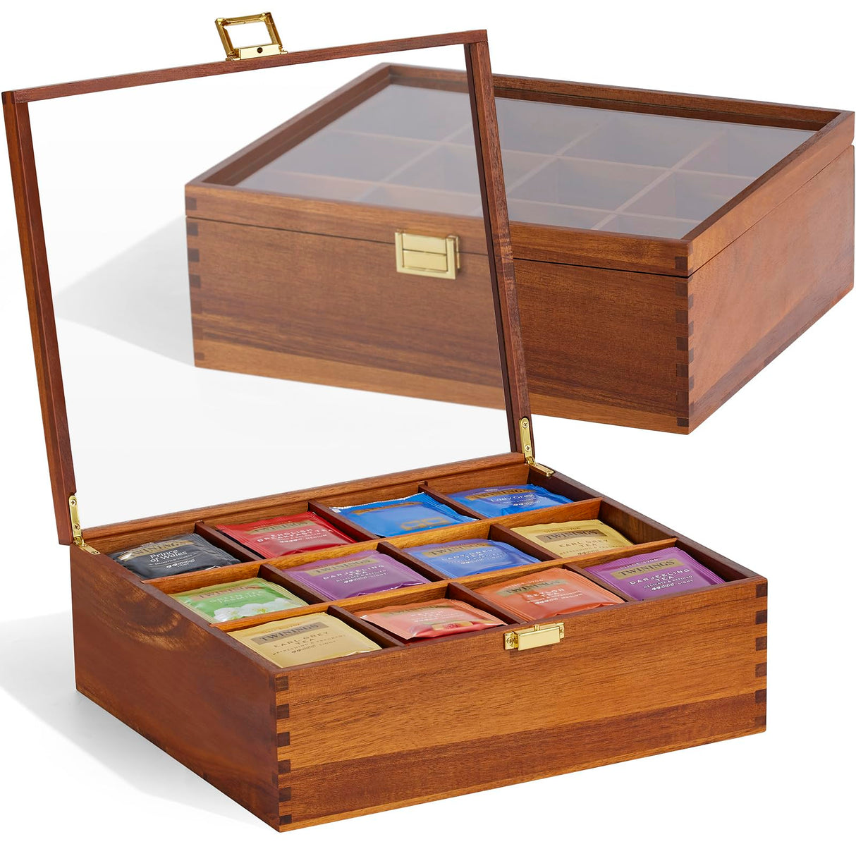 Tea Bag Organizer, Acacia Wood Tea Organizer Box, 12 Compartments Tea Organizer for Tea Bags with Clear Glass Window, Tea Bag Holder for Countertop Kitchen Cabinet Pantry - Keeps Tea Bags Fresh HouseJoy