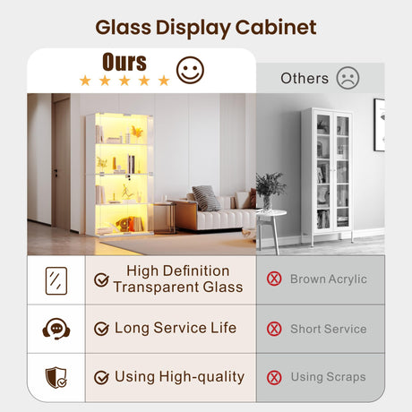 Lvifur Display Cabinet with Glass Doors,66' Curio Cabinet with Adjustable Shelf and Lockable,4-Tier Bookcase with 3 Color Lights for Collectibles,Storage Cabinets with Human Body for Books,Toys,White Lvifur