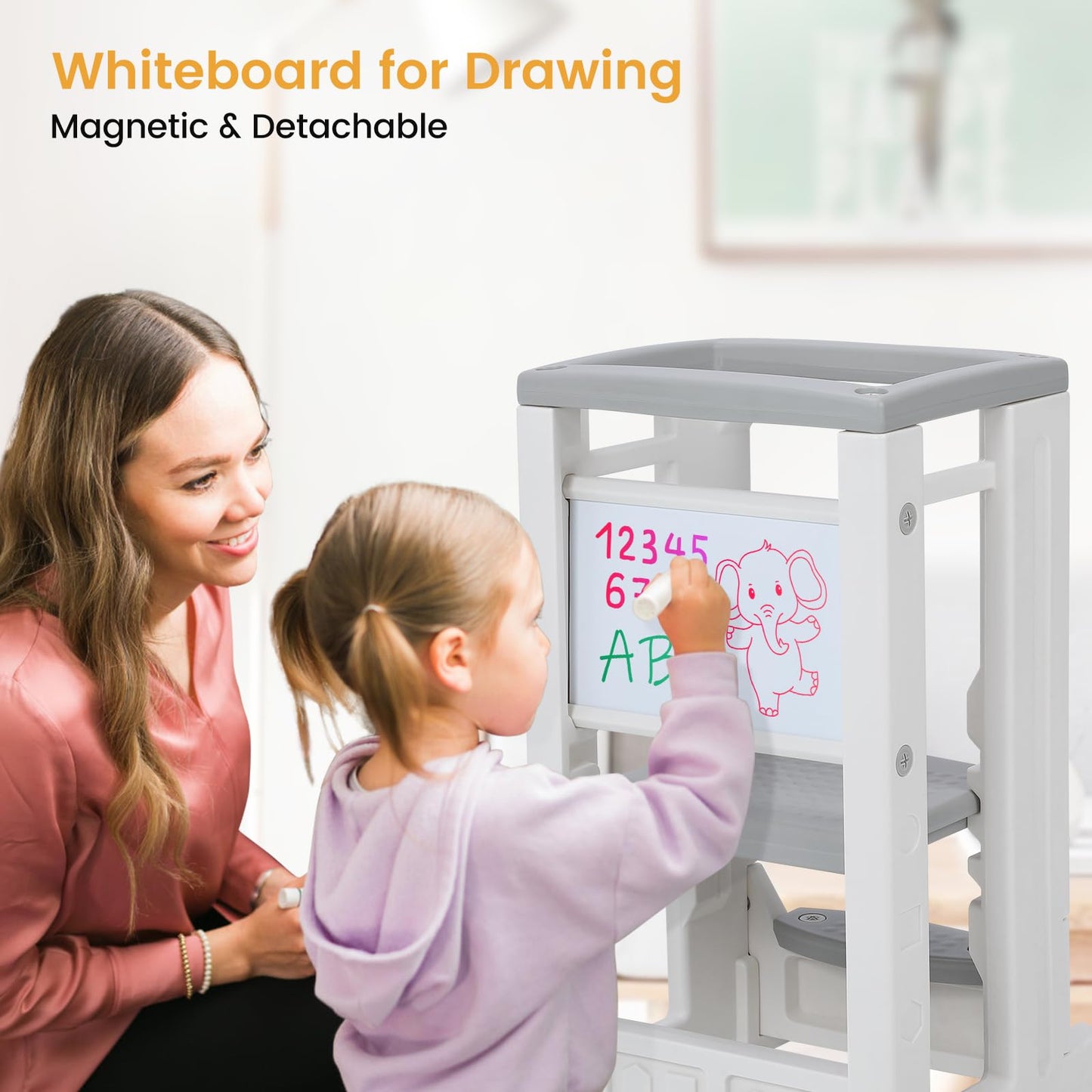 Toddler Tower Toddler Step Stool with Whiteboard & 4 Adjustable Heights, Toddler Kitchen Stool Helper with Safety Rail, Baby Standing Tower Montessori Learning Step Stools for Kids Boys Girls Children