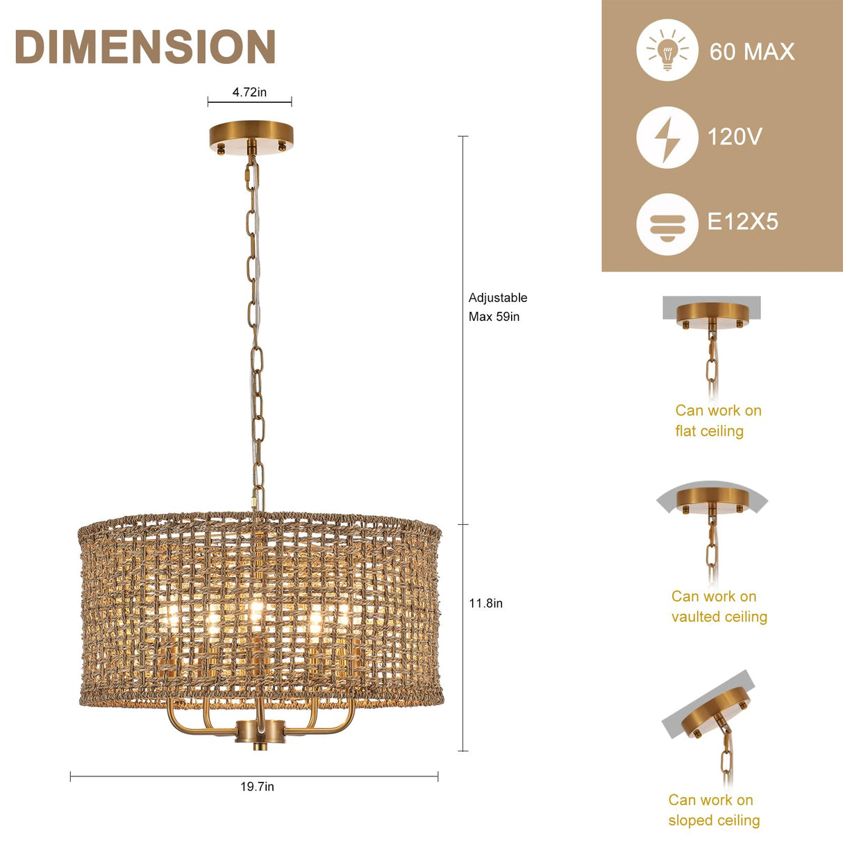 YOMECOO Hand-Woven Rattan Chandelier Vintage Farmhouse Boho Bamboo Light Fixture Mini Retro 5-Lights Drum Wicker Rattan Chandelier for Dining Room, Kitchen, Living Room YOMECOO