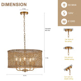 YOMECOO Hand-Woven Rattan Chandelier Vintage Farmhouse Boho Bamboo Light Fixture Mini Retro 5-Lights Drum Wicker Rattan Chandelier for Dining Room, Kitchen, Living Room YOMECOO