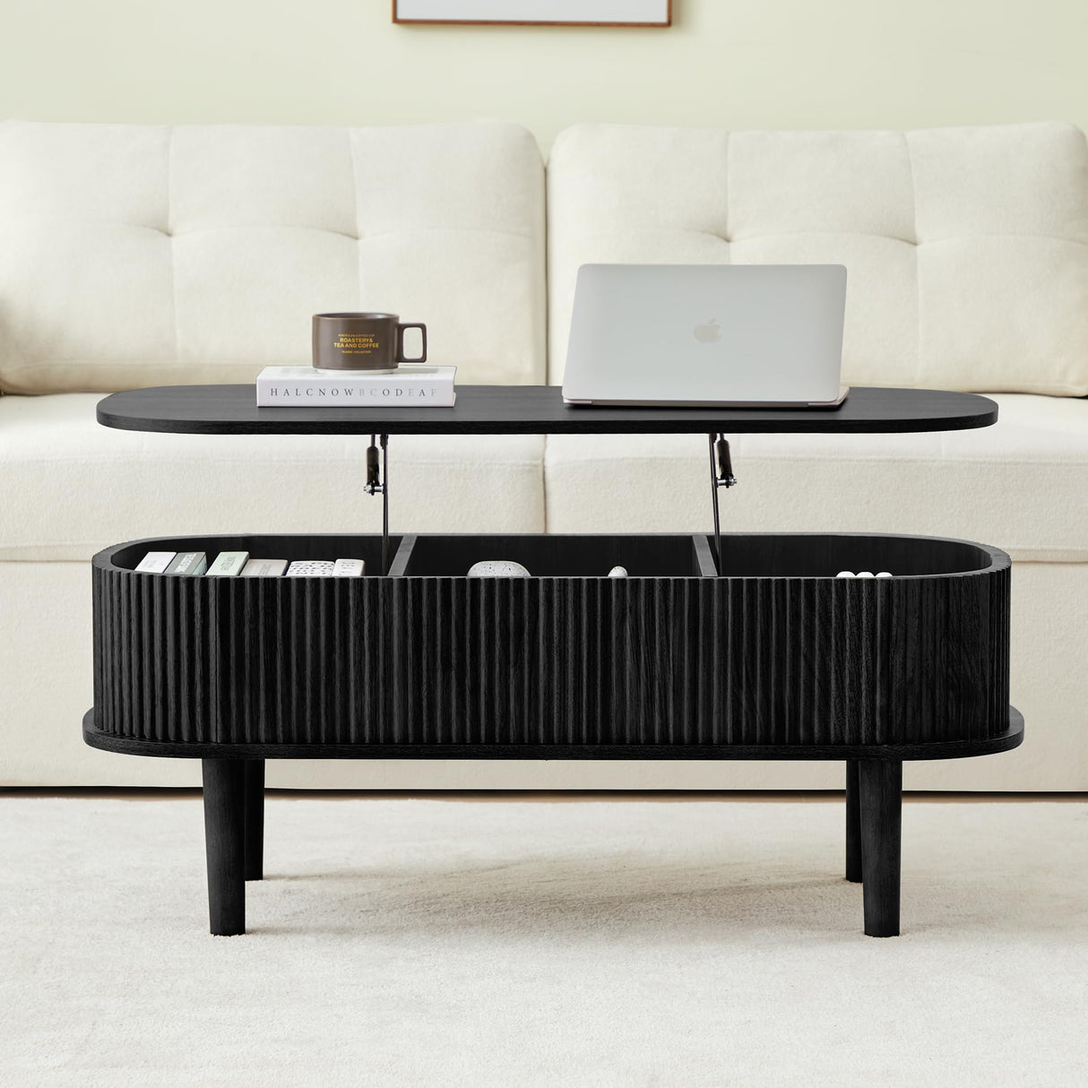 Fluted Lift Top Coffee Table with Hidden Compartment, Fully Assembled Wooden Center Table, Modern Oval Lift Tabletop for Home Living Room Office, Black ORRD
