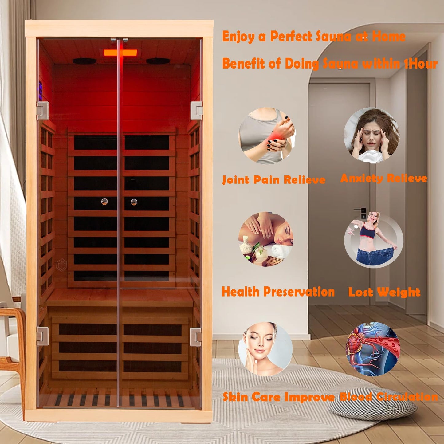 KUNSANA Hemlock Infrared Home Sauna Room 1 Person, Personal Luxury Indoor Sauna Spa, 1420w/120v Ultra Low EMF Heaters, App&LCD Panel Controls, Bluetooth Speakers, Chromotherapy Lights, Reading Lights