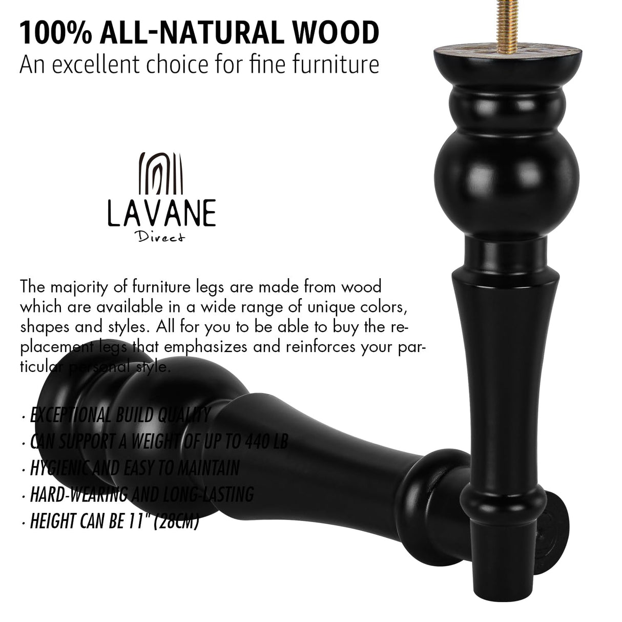 La Vane 11 inch / 28cm Wooden Furniture Legs, 4PCS Soild Wood Turned Spindle Black Replacement Spool Feet with Pre-Drilled M8 Inch Bolt & Mounting Plate for Couch Sofa Armchair Dresser Chest La Vane