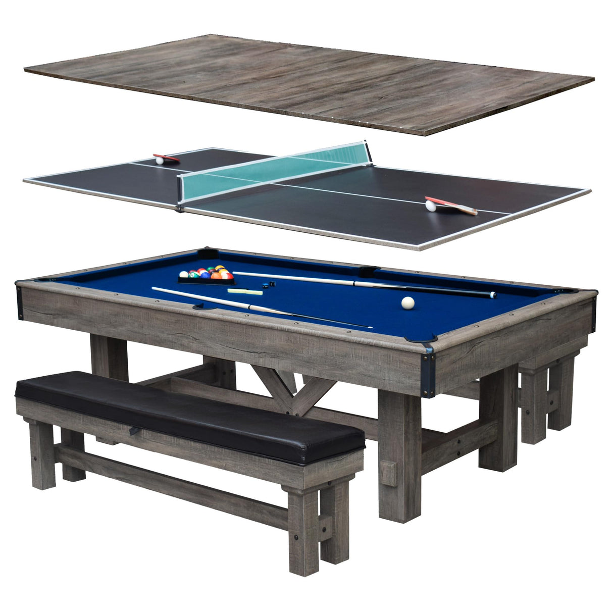 Hathaway Logan 7-ft Pool Table Combo Set with Benches - Rustic Gray with Blue Felt, Barnwood Hathaway