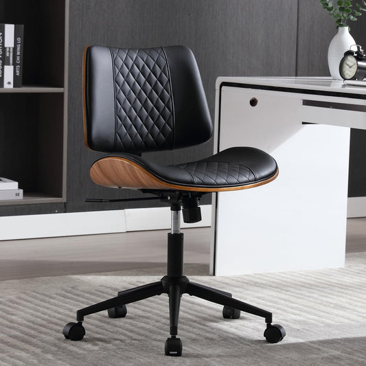 BERYTH Home Office Chair No Arms with Wheels, Adjustable Height Small Desk Chair, PU Leather Mid Back 360 Swivel Computer Chair, Armless Modern Walnut Chair for Office, Reading Meeting Room(Black)