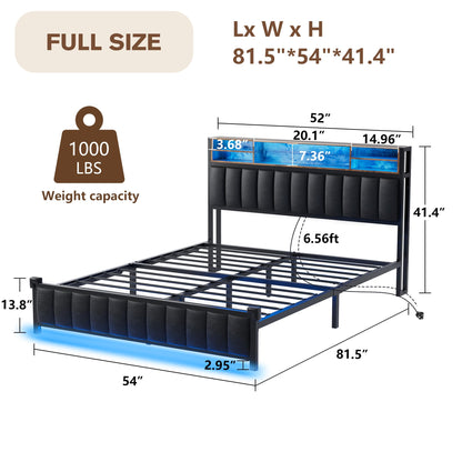 Alohappy Full Size Bed Frame with Bookcase Headboard and LED Light,Upholstered Platform Bed Frame with Charging Station,Heavy Duty Metal Slats,No Box Spring Needed,Easy Assembly and Noise Free