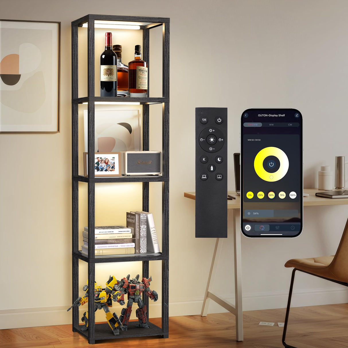 OUTON 67" Glass Display Shelf with Dimmable LED Floor Lamp, Collectibles Display Cabinet with Remote & App Control, 5 Tier Open Bookshelf Lamp for Living Room, Bedroom, Office, Home Decor, Black OUTON