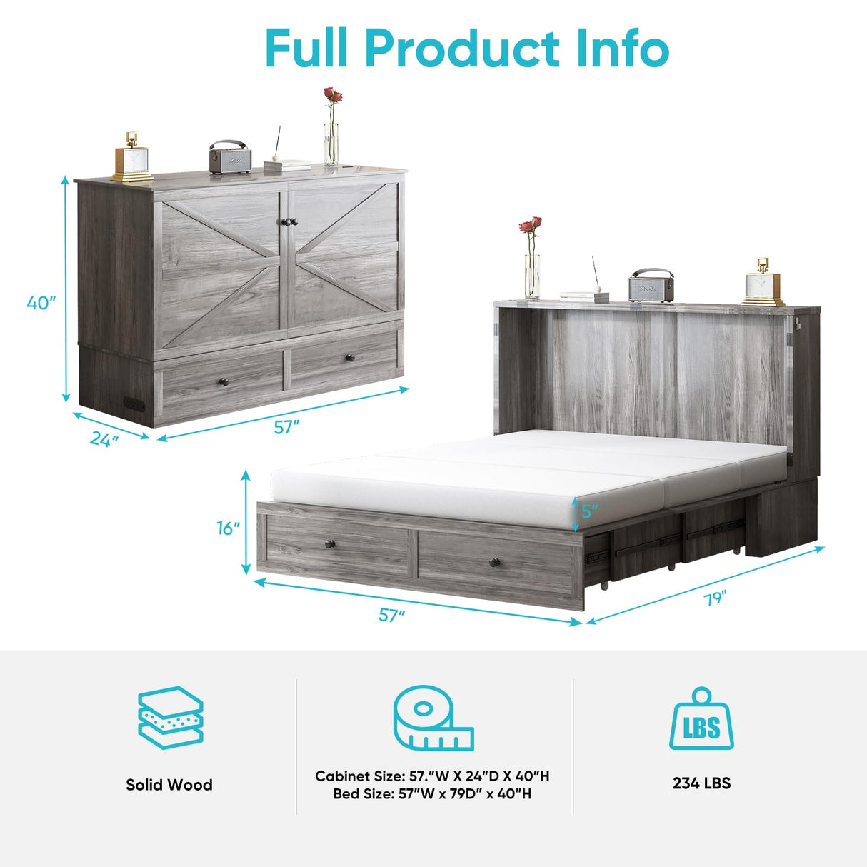 CECER Full Size Murphy Bed with Tri-Folding Mattress，Murphy Bed with Charging Station and 2 Large Storage Drawers for Small Spaces/Bedroom（Grey） CECER