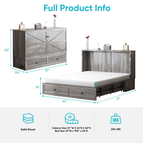 CECER Full Size Murphy Bed with Tri-Folding Mattress，Murphy Bed with Charging Station and 2 Large Storage Drawers for Small Spaces/Bedroom（Grey） CECER