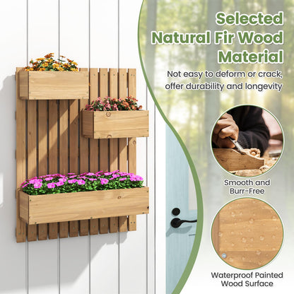 Giantex Wall-Mounted Raised Garden Bed w/Trellis Board, 3 Wooden Garden Boxes Set w/Drainage Hole, Fabric Liners, Hanging Hooks, Indoor Outdoor Decorative Planters for Fruit Vegetable Vine Flower