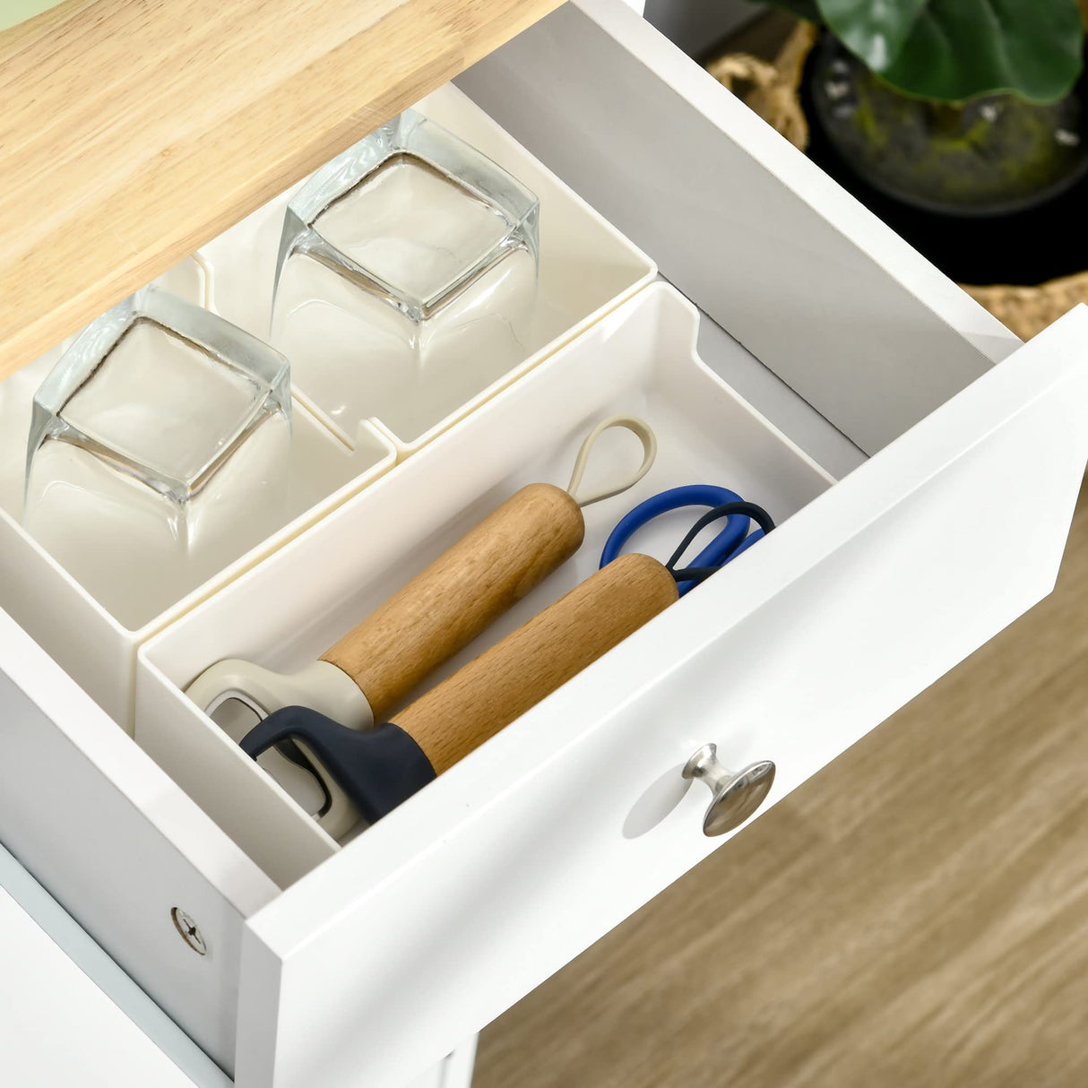 HOMCOM Sideboard with Solid Wood Countertop, Modern Kitchen Storage Cabinet, Coffee Bar Cabinet with 3 Drawers, Doors and Adjustable Shelf, White HOMCOM