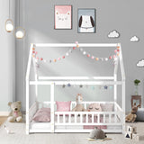 LLS Full Size White Montessori House Bed Frame with Roof and Safety Fence LLS