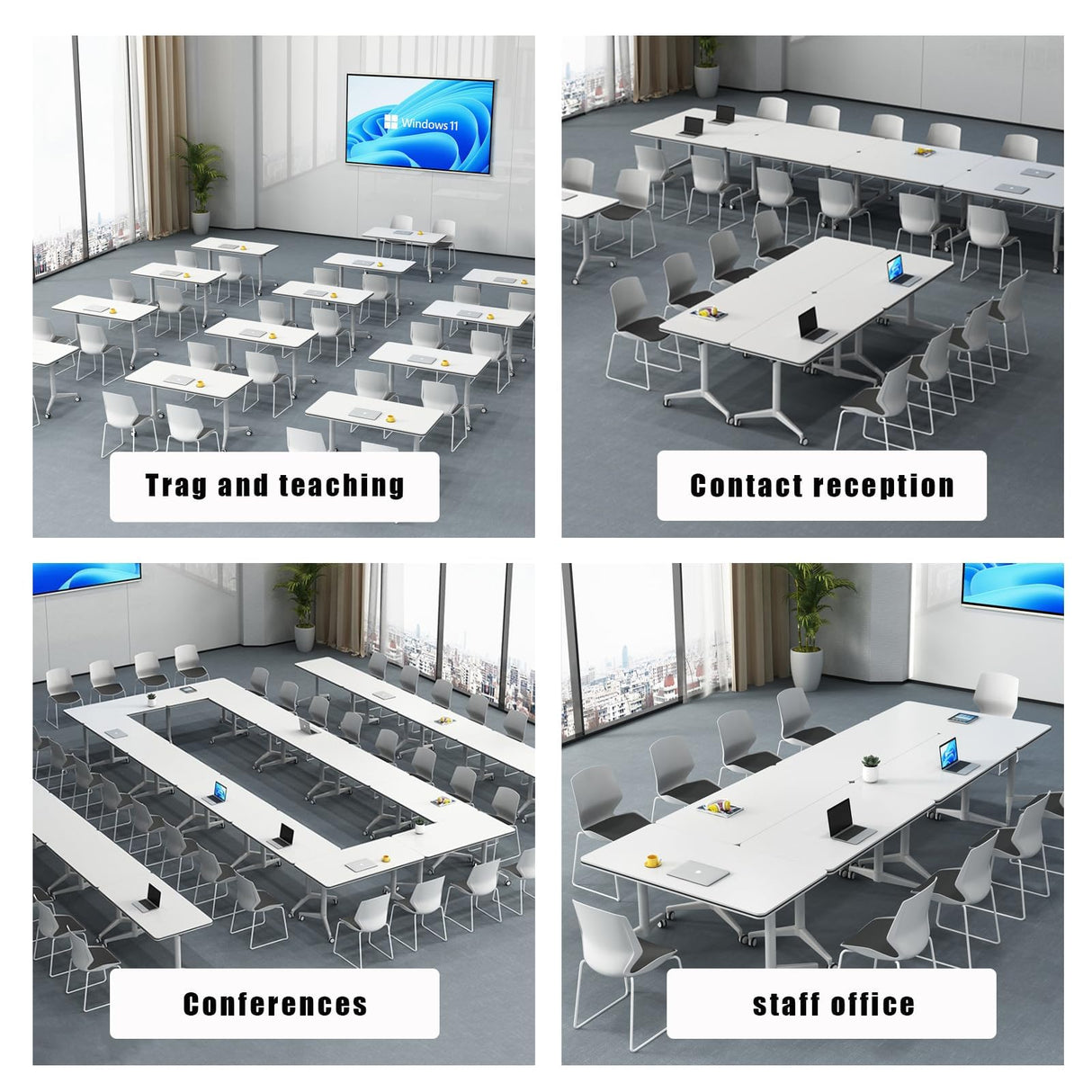 Conference Table Flip Top Mobile Training Table,White Folding Conference Room Table,Modular Meeting Table with Silent Wheels,Rounded Corner Design with Strong Metal Legs for Office,Classroom (3PCS) Goakwwuz