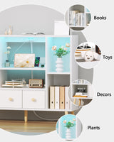Furologee White Cube Shelf with 2 Drawers, 42inch Triple Wide Bookshelf with Power Outlets and LED Lights, 4-Tier Wood Bookcase Freestanding with Legs, Large 8 Cube Organizer for Bedroom, Living Room Furologee
