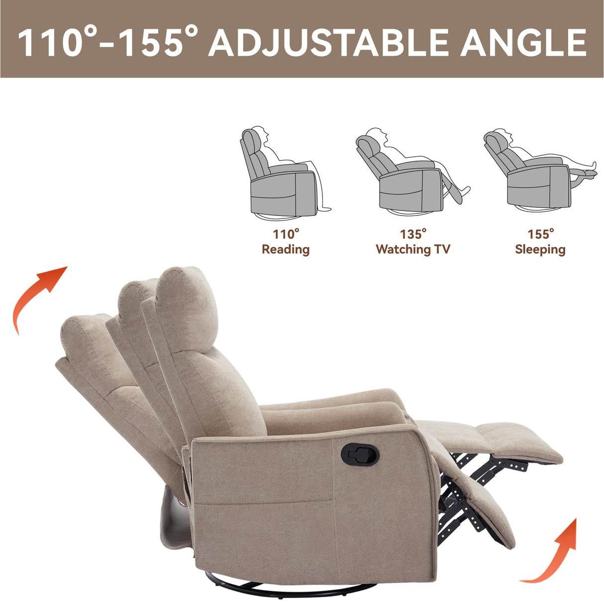 PELUMY Rocker Recliner Chair with Heat Massage - Manual Swivel Recliner for Living Room and Bedroom, 8 Vibration Points, Lumbar Heat, Glider Rocking Chair for Adults (Khaki) PELUMY