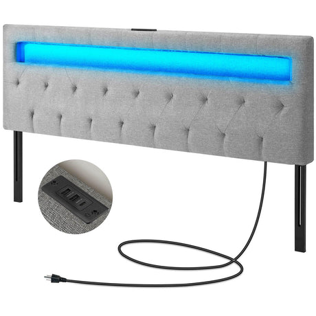 GREENSTELL Queen Size Adjustable LED Headboard with USB & Type C Ports - Gray Wall-Mounted Design GREENSTELL