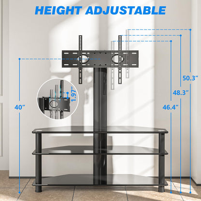 Rfiver Corner Swivel Glass TV Stand with Mount for 32-70 Inch Screen TV up to 110lbs, Height Adjustable Corner TV Stand with Mount, Entertainment Center with TV Mount and 3-Tier Storage for AV Media