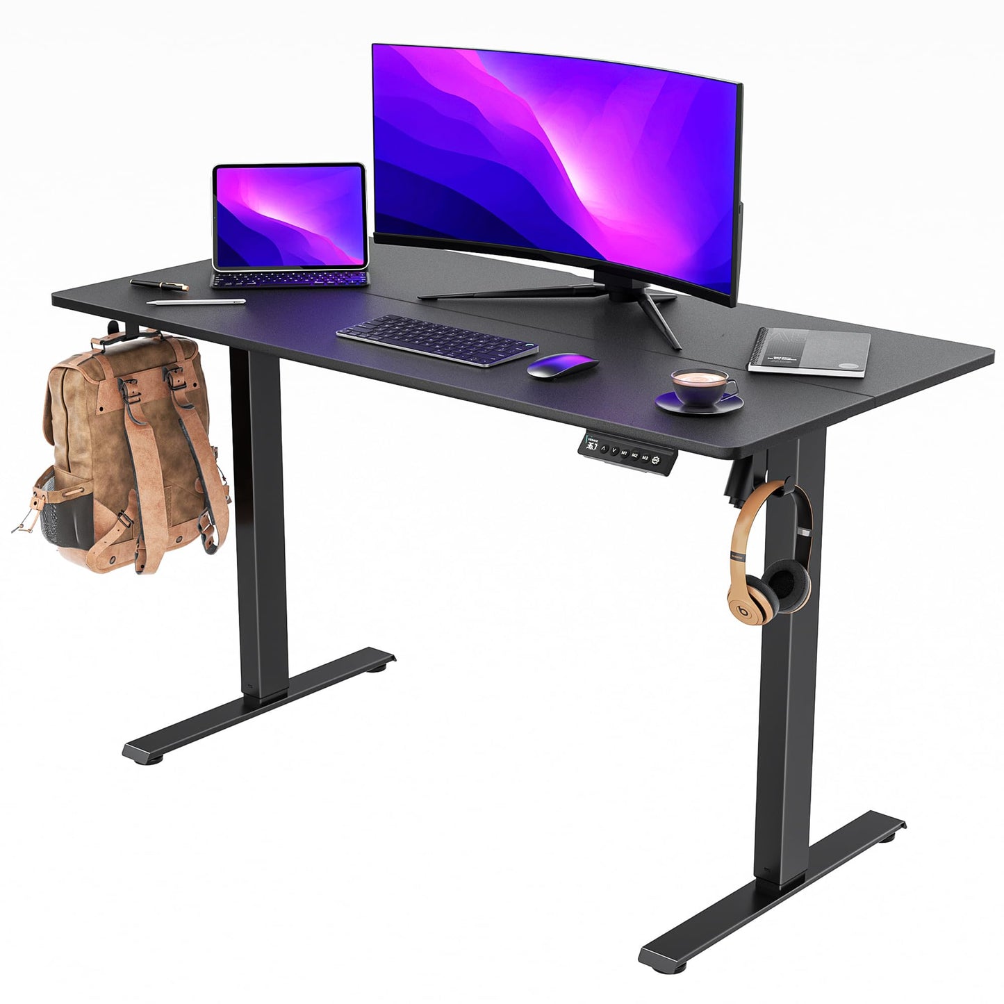 VVENACE 48 Inch Electric Standing Desk Adjustable Height, Stand Up Desk Sit Stand Desk Rising Desk, Home Office Desk with 4 Memory Height Settings, 2 Headphone Hook, Black Frame/Black Spliced Desktop