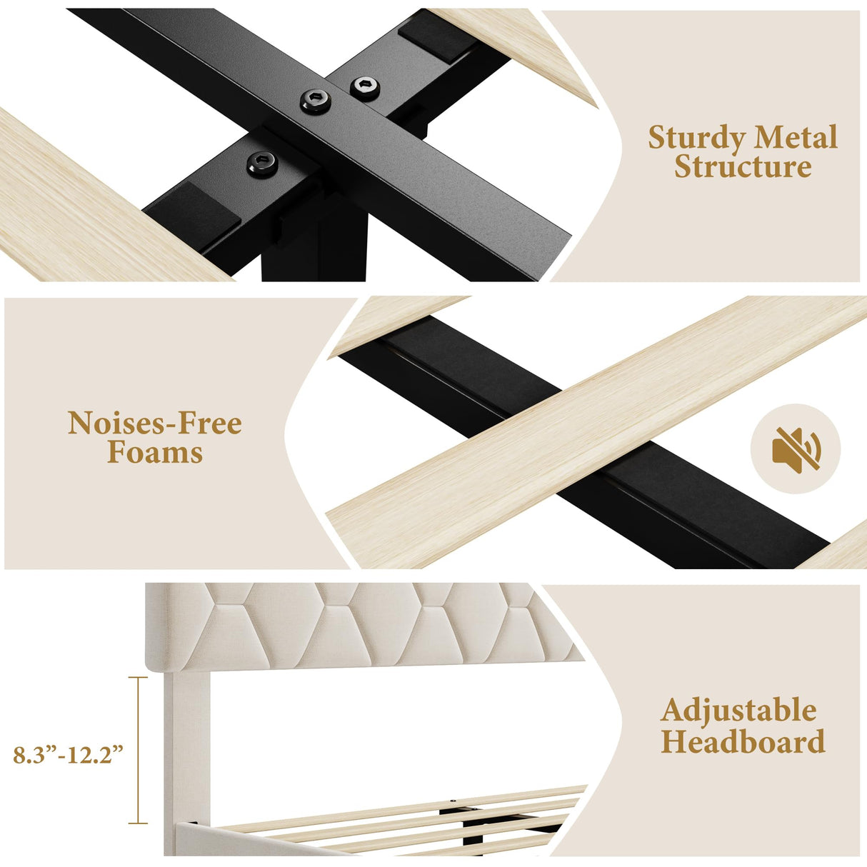 GAOMON Beige Twin Upholstered Bed Frame, Heavy-Duty Platform Bed Frame with Upholstered Headboard & Strong Wood Slats, No Box Spring Needed/Noise Free/Easy Assembly GAOMON