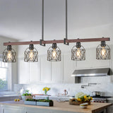 Ruibutrade 5-Light Modern Farmhouse Island Lighting, Adjustable Height Rustic Chandelier with Walnut Metal Frame & Matte Black Geometric Shade, E26 Base Hanging Light for Dining Room Over Table Ruibutrade