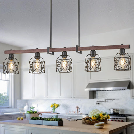 Ruibutrade 5-Light Modern Farmhouse Island Lighting, Adjustable Height Rustic Chandelier with Walnut Metal Frame & Matte Black Geometric Shade, E26 Base Hanging Light for Dining Room Over Table Ruibutrade