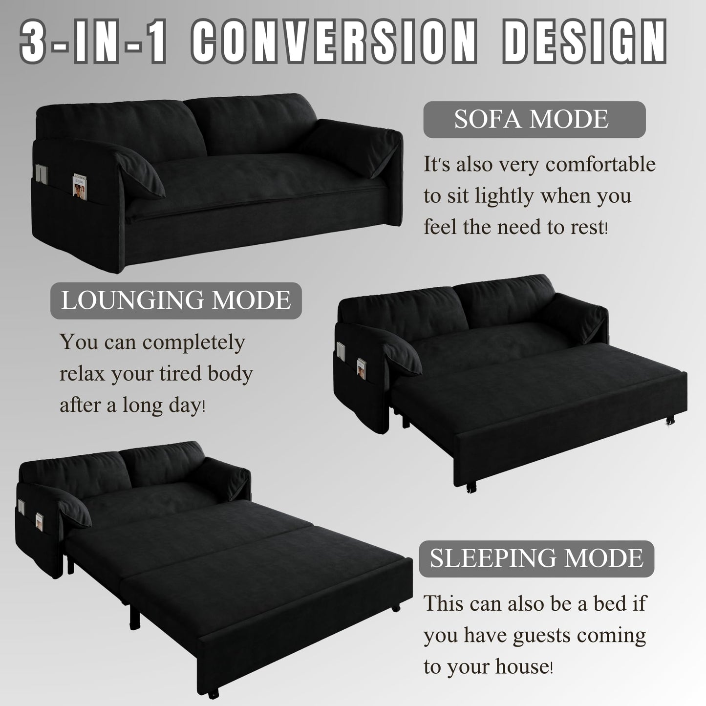 3 in 1 Convertible Queen Sleeper Sofa Bed Comfy Pull Out Futon Couch Bed 63.8" Modern Velvet Recliner Loveseat Sofa Multi-Functional Black Cloud Couch for Living Room,Apartment,Office (Black 63.8")