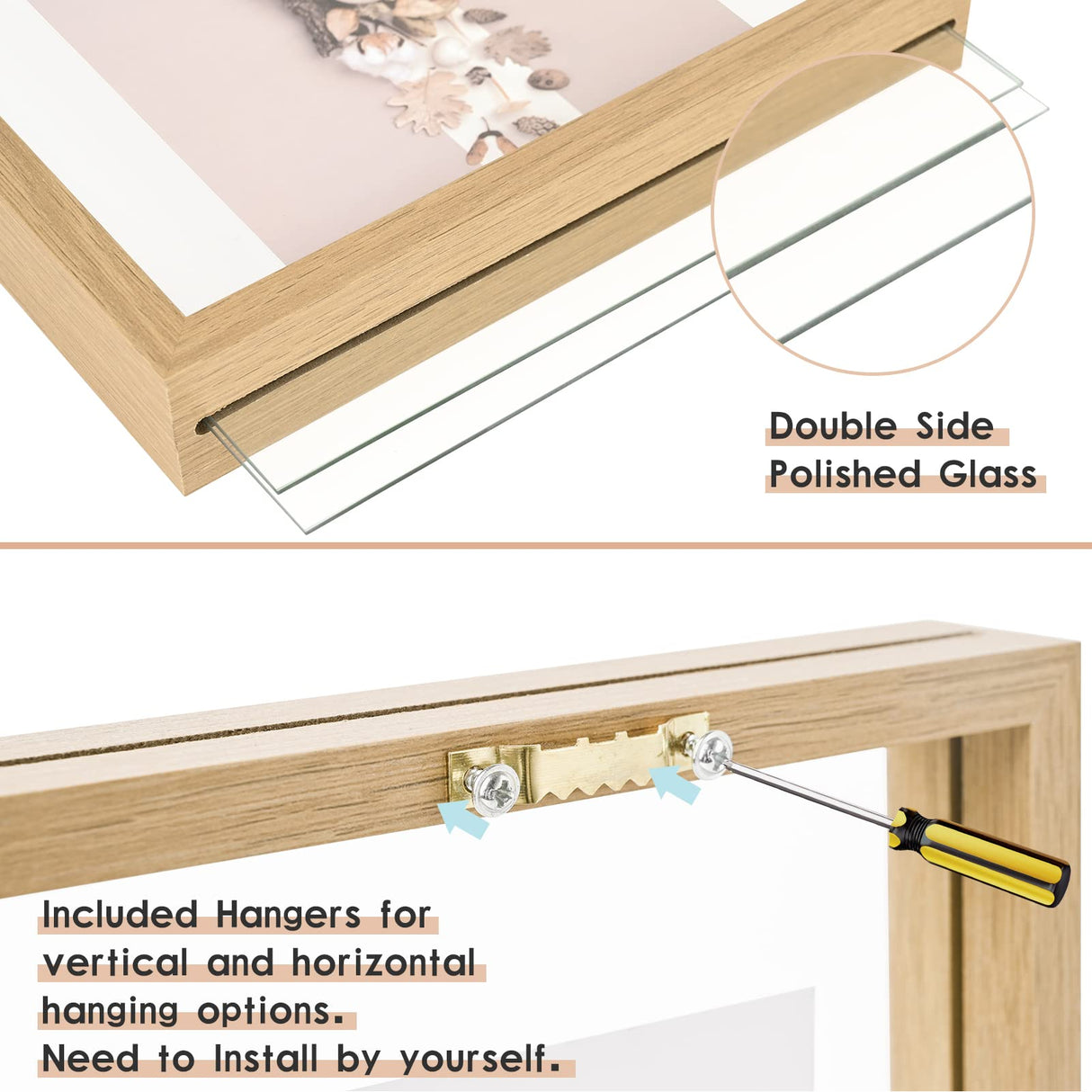 MUYE 5x7 Floating Frame Set of 2,Double Glass Rustic Photo Frame for Wall Hanging or Tabletop Standing,Also Display 4x6 or 3x5 Photo for Floating Effect,Natural MUYE
