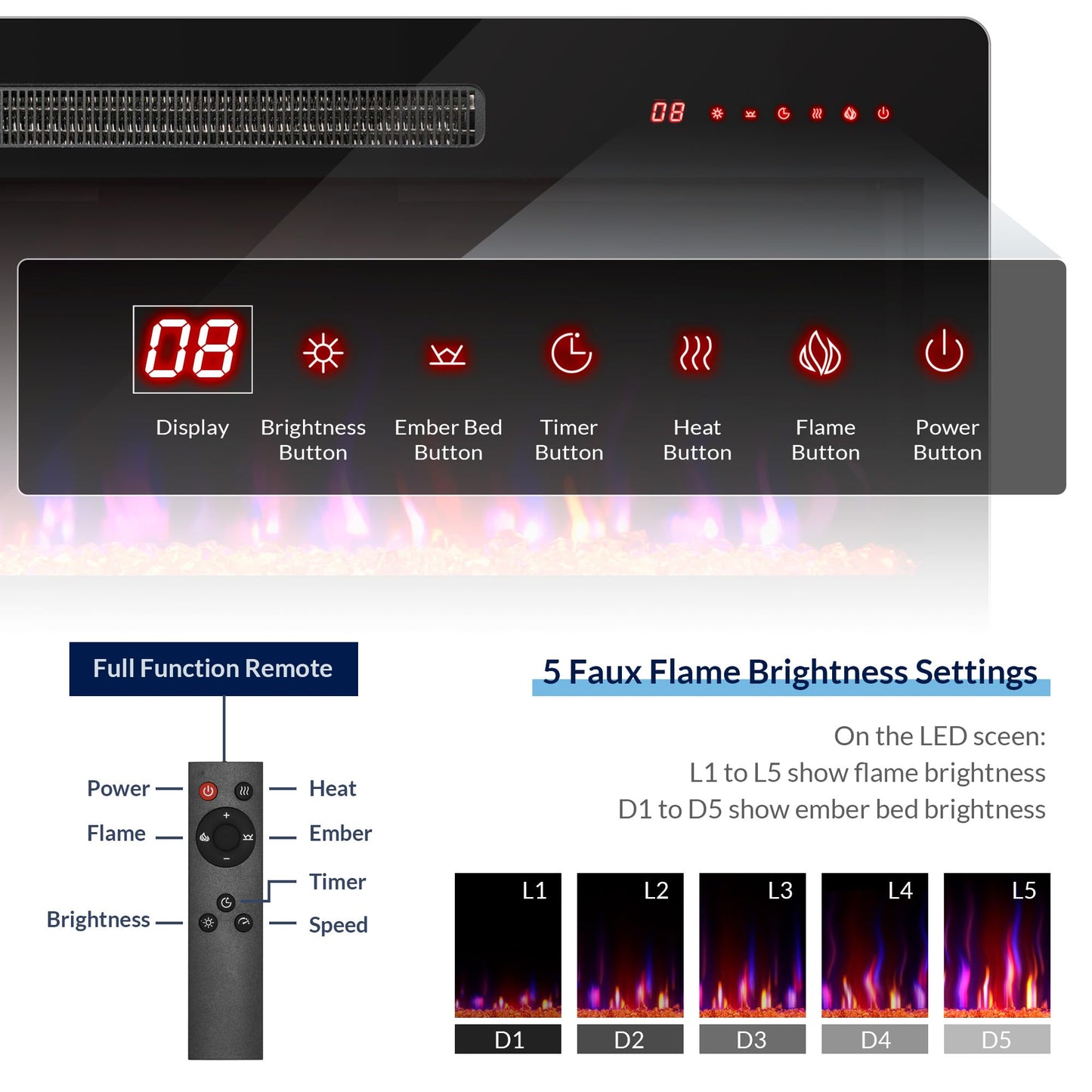 BELLEZE 42" Electric Fireplace Heater, 1400 W Recessed & Wall Mounted Electric Fireplace with Remote Control, Heater with Adjustable Flame Color and Brightness, Timer, Touch Screen