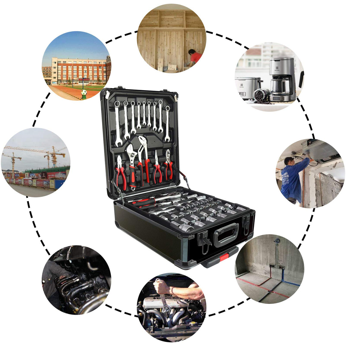 Arcwares 799pcs Aluminum Trolley Case Tool Set Silver, House Repair Kit Set, Household Hand Tool Set, with Tool Belt,Gift on Father's Day (Black) Arcwares