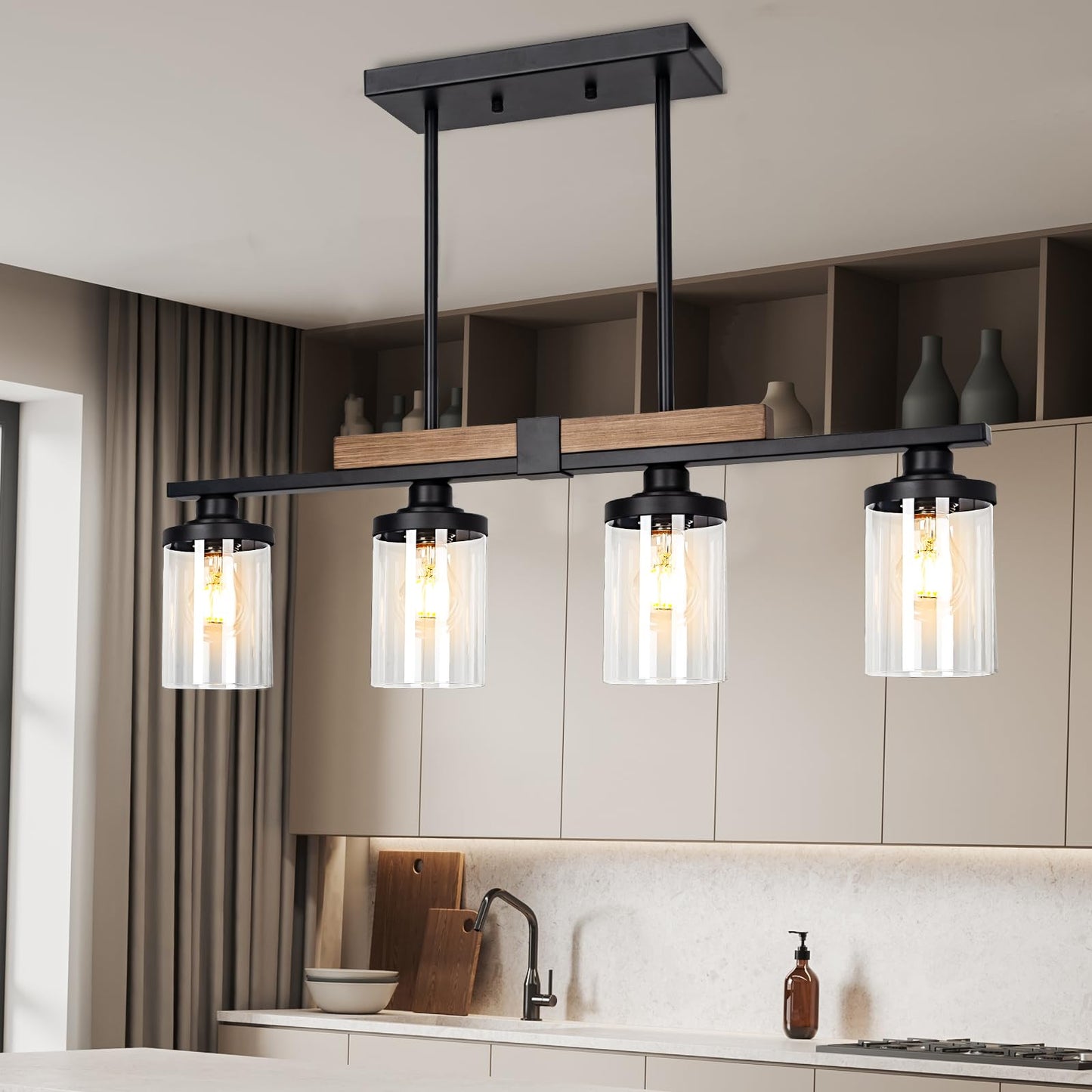 Dining Room Light Fixture Over Table, Farmhouse 4-Light Kitchen Island Lighting, Modern Wood Chandelier with Adjustable Height, Large Industrial Black Pendant Lights Ceiling Hanging for Livin - WoodArtSupply