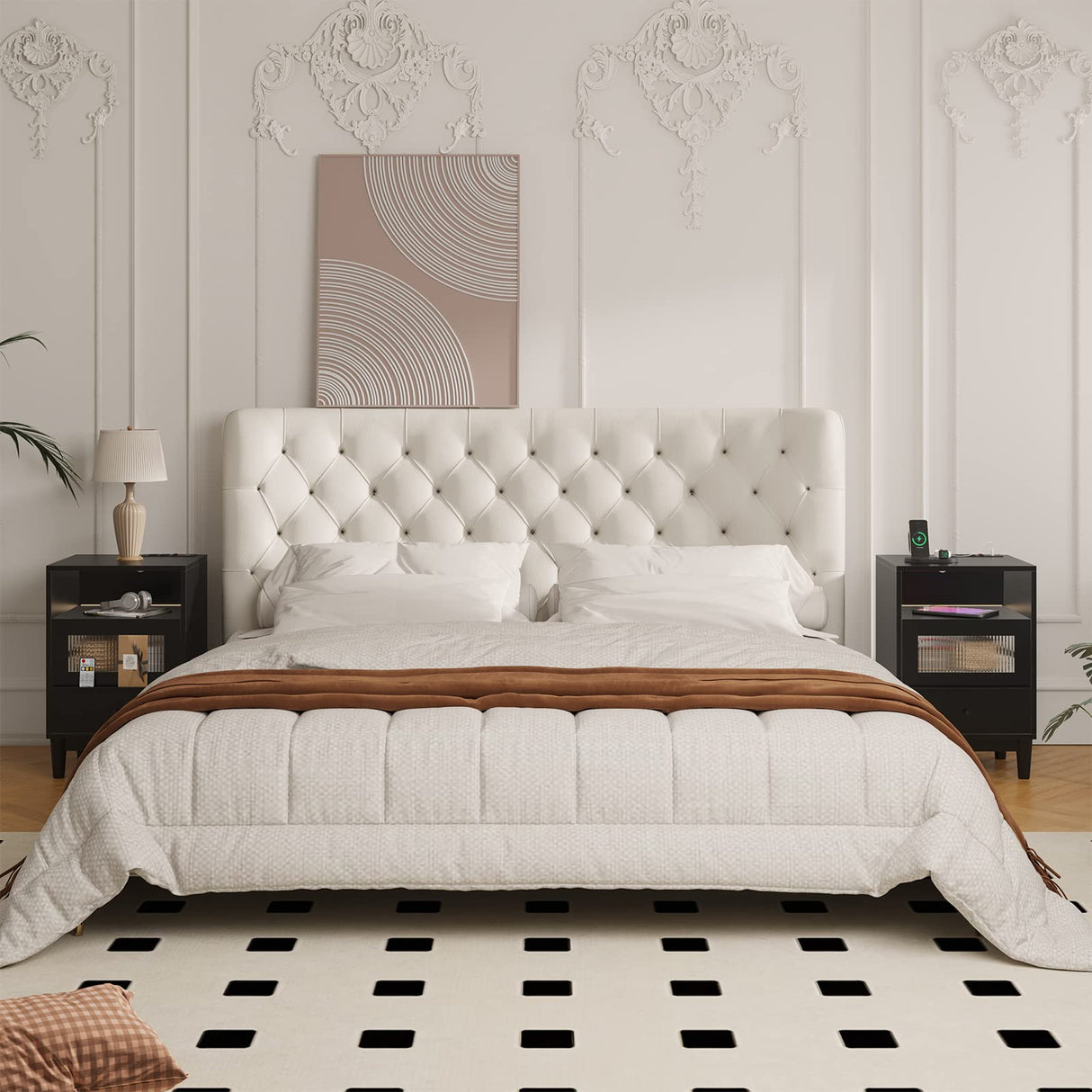 Saudism Black Nightstand with Charging Station, End Table with Glass Drawers, Night Stand with LED Lights, Wood Bedside Tables for Bedroom, 15.7”×13.7”×23.8” Saudism