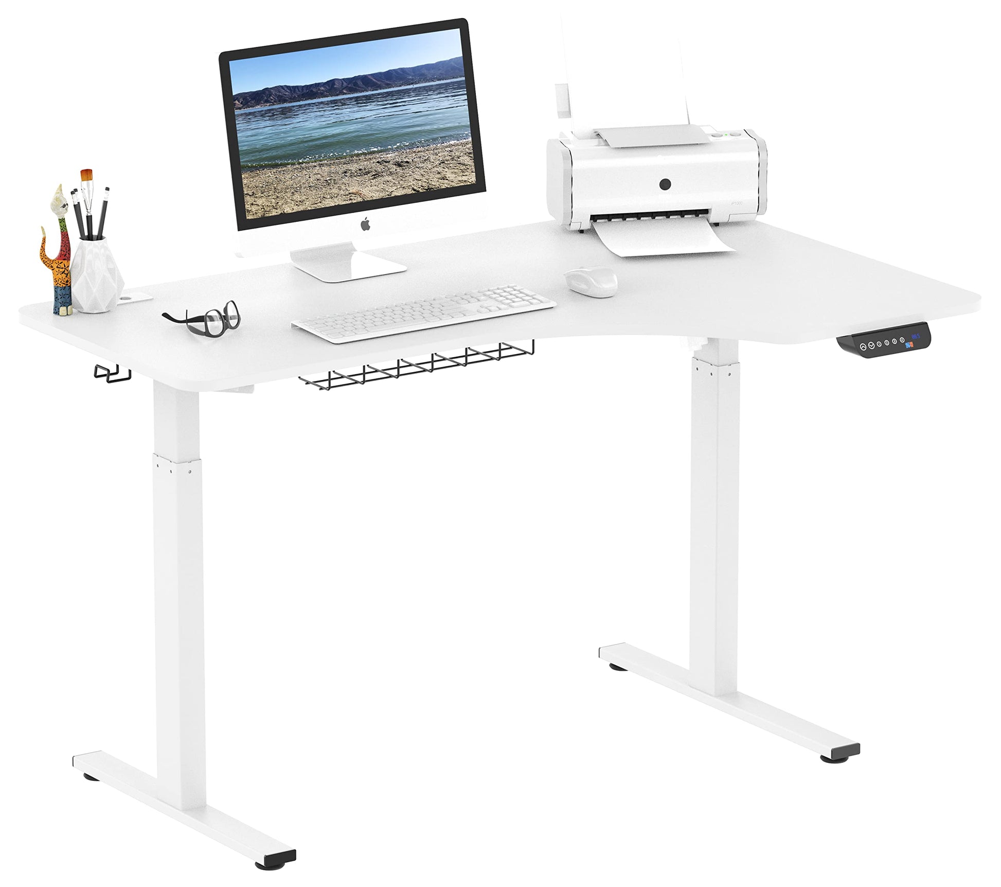 SHW 55-Inch L-Shaped Electric Height Adjustable L-Shaped Standing Desk with Right Facing Corner, White - WoodArtSupply