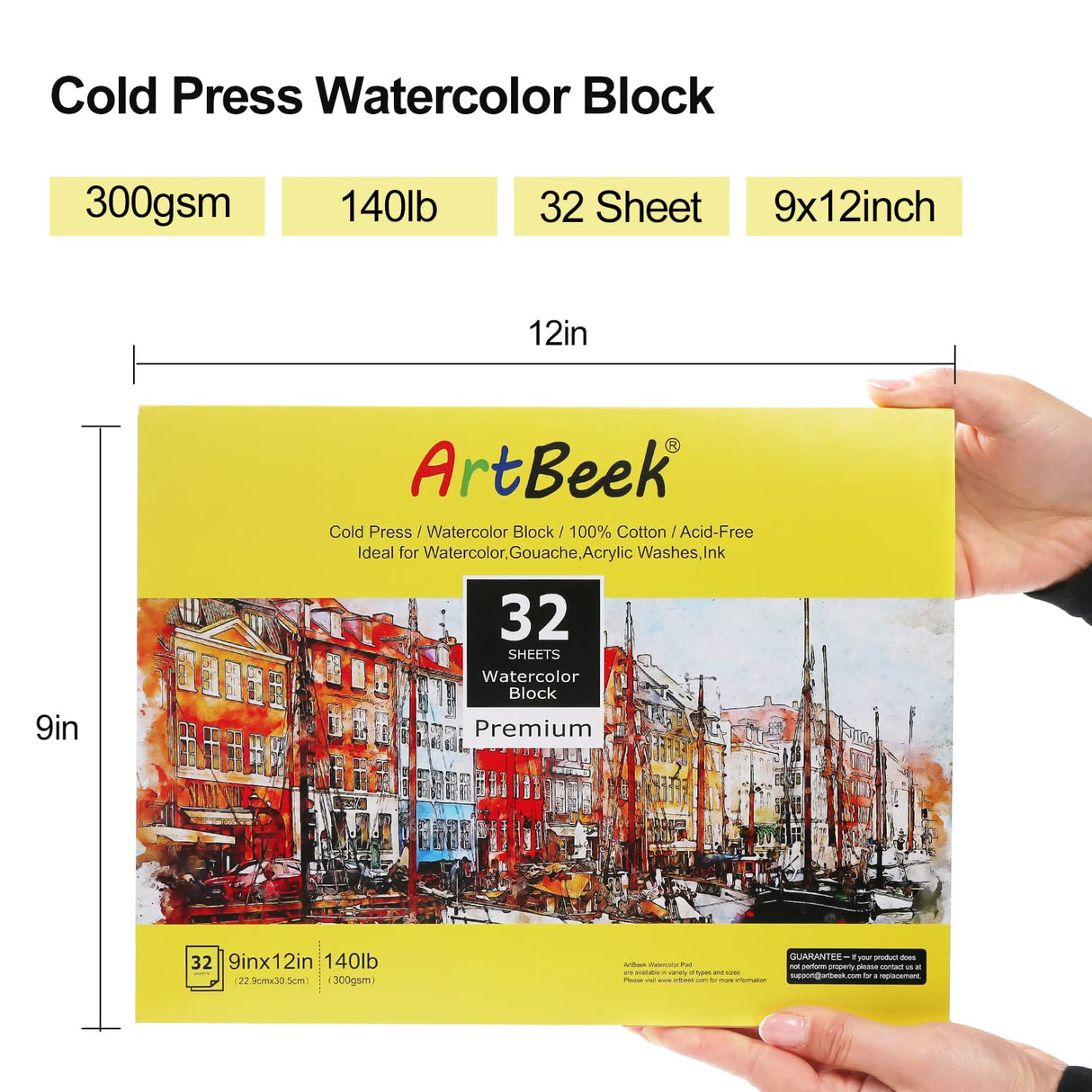 ArtBeek Watercolor Paper Block, Watercolor Block 100% Cotton 140g/300GSM (9X12 Cold Press) ArtBeek