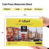 ArtBeek Watercolor Paper Block, Watercolor Block 100% Cotton 140g/300GSM (9X12 Cold Press) ArtBeek