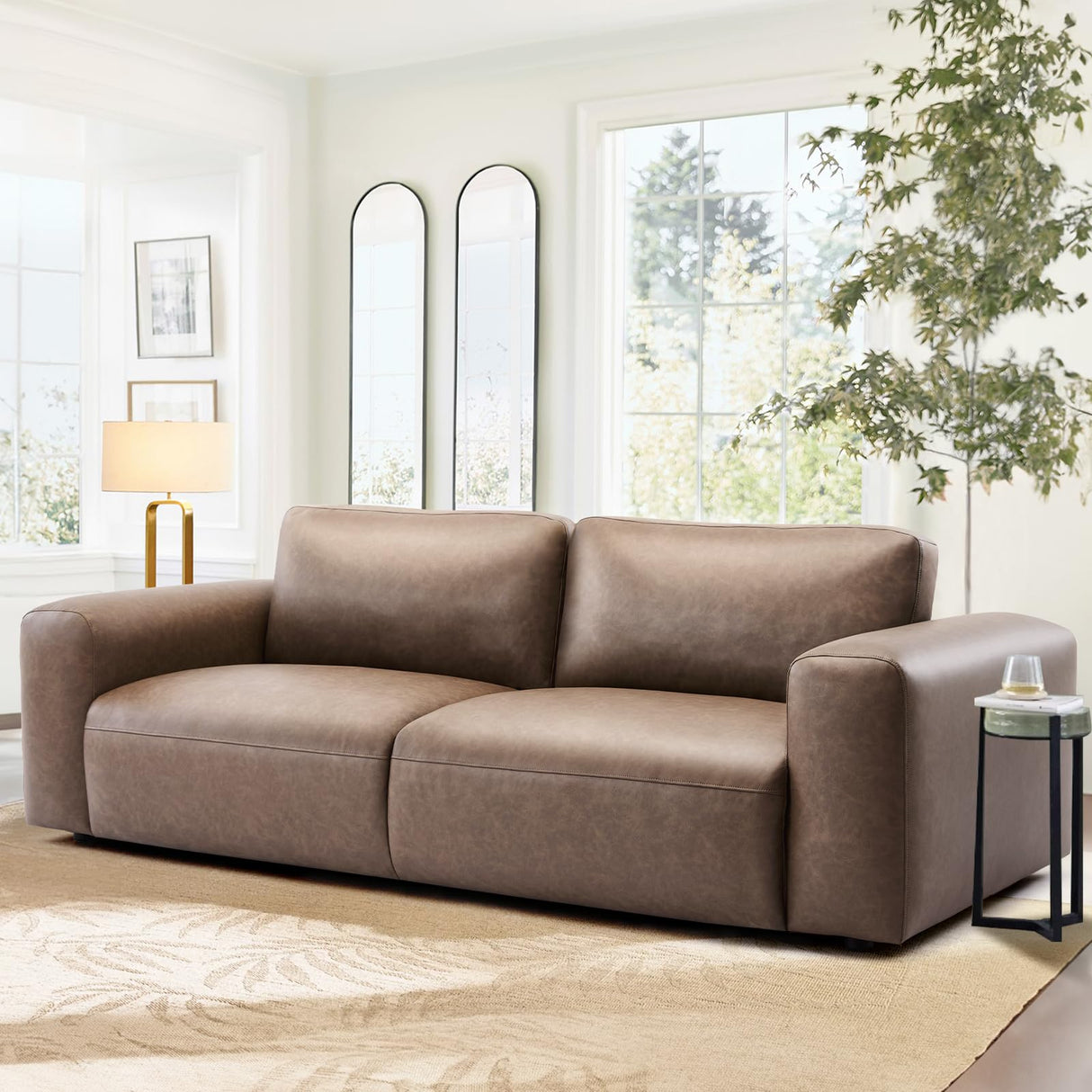 COLAMY 95" Oversized PU Leather Sofa, Comfy Sofa Couch with Extra Deep Seats, Wide Arm, Down Filled 3-Seater Modern Sofa for Living Room, Apartment Lounge-WolfGrey COLAMY