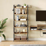 Rolanstar Bookshelf 6 Tier with 4 Hooks, Industrial Wood Bookcase, Vintage Storage Rack with Open Shelves, Rustic Standing Bookshelves Metal Frame Display Rack for Living Room, Bedroom, Rustic Brown Rolanstar